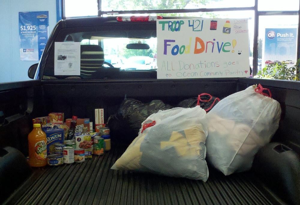 food drive item in pickup trunk